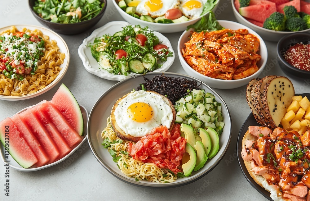 A vibrant collection of diverse and delicious Asianinspired dishes including noodle bowls, fresh salads, and flavorful proteins. A vibrant collection of diverse and delicious Asianinspired dishes including noodle bowls, fresh salads, and flavorful proteins.