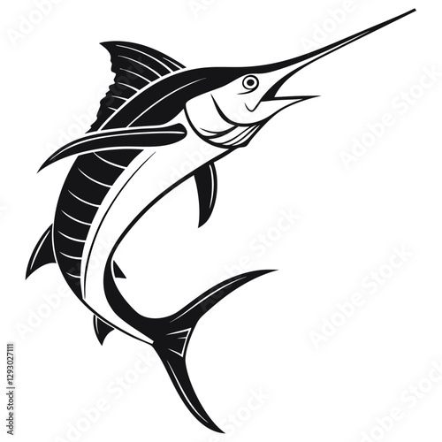 A high-contrast black silhouette of a swordfish against a TRANSPARENT BACKGROUND PNG VECTOR