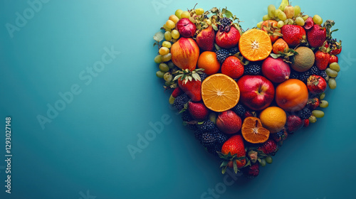 Fototapeta Naklejka Na Ścianę i Meble -  Vibrant heart crafted from fresh fruits and vegetables promoting nutrition for world health day banner design with ample copy space. World health day.