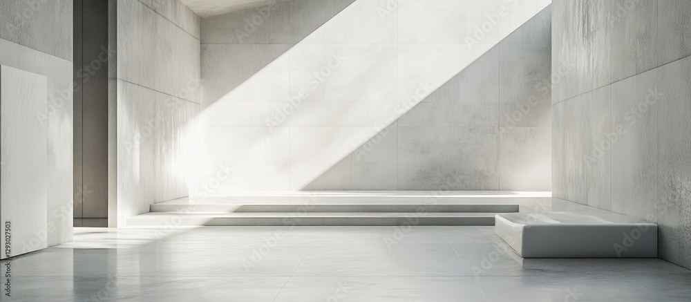 Obraz premium Modern minimalist interior with concrete walls and floor, featuring diagonal light beams, empty space and subtle shadows for a serene atmosphere.