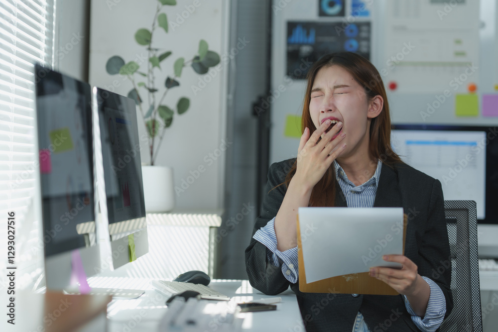 Obraz premium Tired asian businesswoman yawning while reading documents at office desk