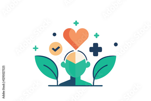 A minimalist icon representing mental health, showcasing greenery, a heart, and positive symbols, Create a minimalist icon for a nonprofit organization focused on mental health awareness