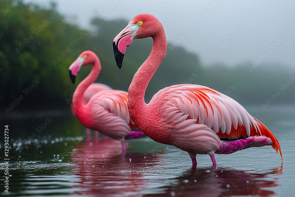 Fototapeta premium Flamingos in a misty lake, a serene dance of pink hues and elegance