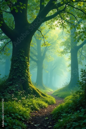 Ancient trees shrouded in spring mist, vibrant green undergrowth, mist, imagery