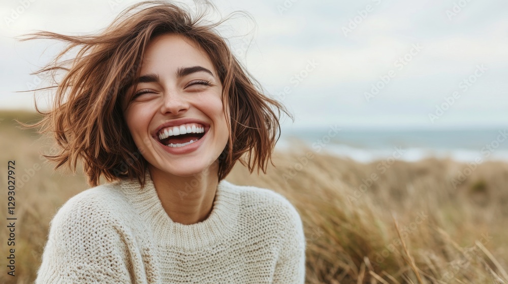 A dynamic shot of a woman with a playful expression, caught mid-laugh, with wind blowing through her hair, capturing the essence of spontaneity and joy. A dynamic shot of a woman with a playful expression, caught mid-laugh, with wind blowing through her hair, capturing the essence of spontaneity and joy.