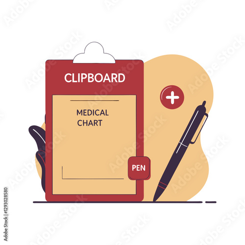 Vector illustration of a medical clipboard with a pen, symbolizing healthcare, patient records, and medical documentation. Simple and modern design.