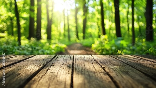 Wallpaper Mural Rustic wood table in sunlit forest path Torontodigital.ca