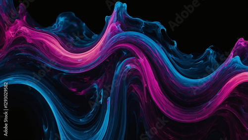 A flow of liquid neon forms that flow with each other, creating the illusion of movement. Fluorescent colors - blue, purple, pink - spread. The background is deep black for contrast. generative AI