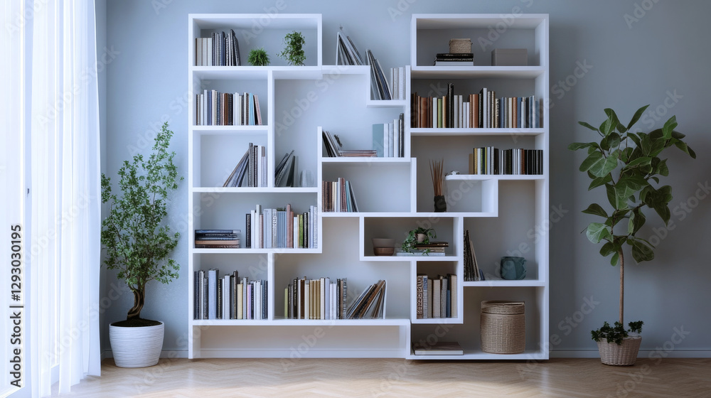 modern Scandinavian style bookshelf filled with books and plants, enhancing room aesthetic modern Scandinavian style bookshelf filled with books and plants, enhancing room aesthetic