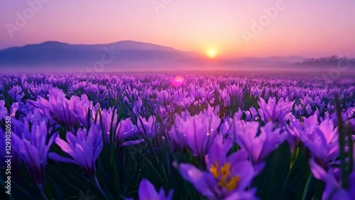 A breathtaking view of a vast saffron flower field at sunrise, with delicate purple petals covered in morning dew. The soft mist over distant mountains enhances the dreamy and tranquil atmosphere 