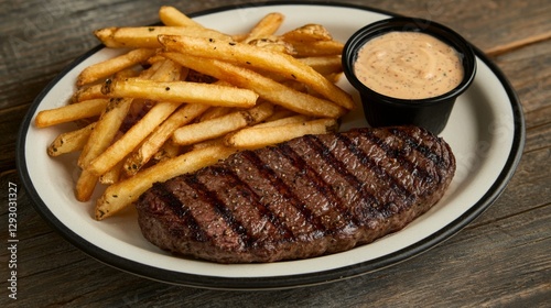 A mouthwatering steak served with a side of crispy fries and a tangy dipping sauce, showcasing a casual yet delicious dining experience.