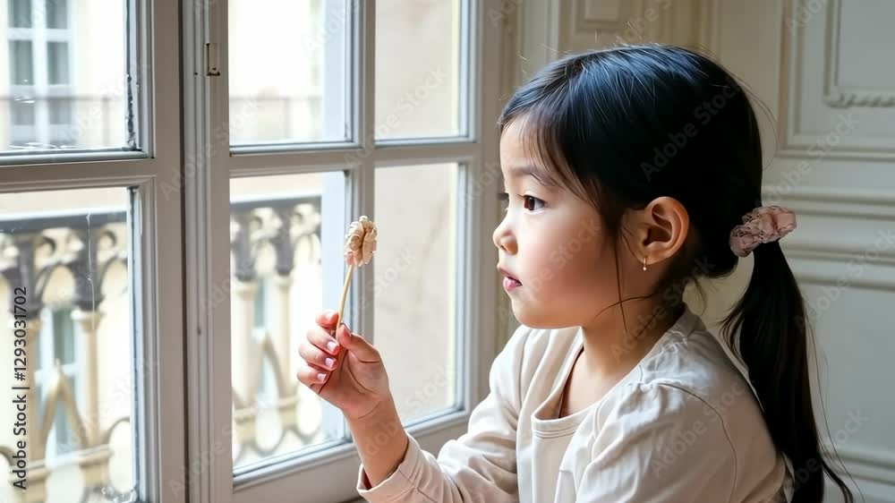 Curious child blowing dandelion seeds by a sunlit window Curious child blowing dandelion seeds by a sunlit window