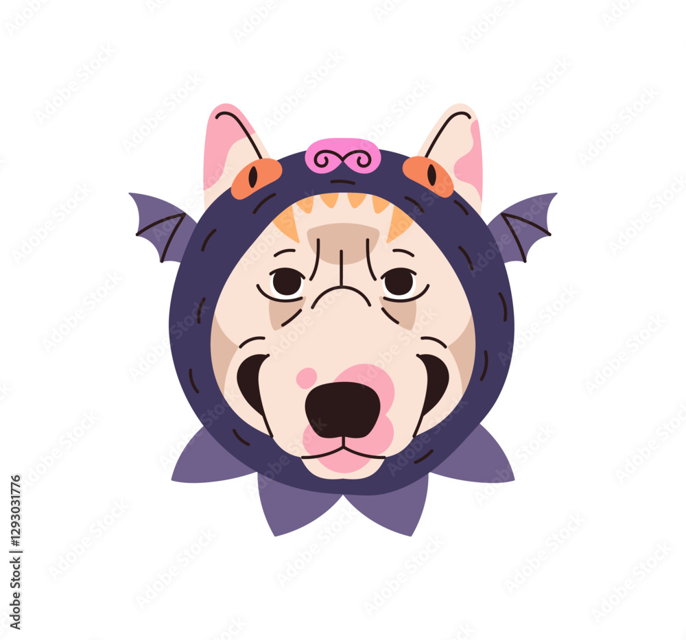Fototapeta premium Avatar of Bull terrier in cute Halloween costume. Portrait of happy dog in funny hat. Muzzle of puppy in carnival suit. Joyful doggy in comic headdress. Flat isolated vector illustration on white