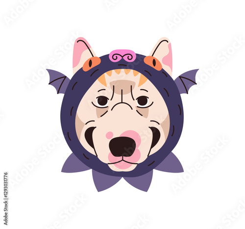 Avatar of Bull terrier in cute Halloween costume. Portrait of happy dog in funny hat. Muzzle of puppy in carnival suit. Joyful doggy in comic headdress. Flat isolated vector illustration on white