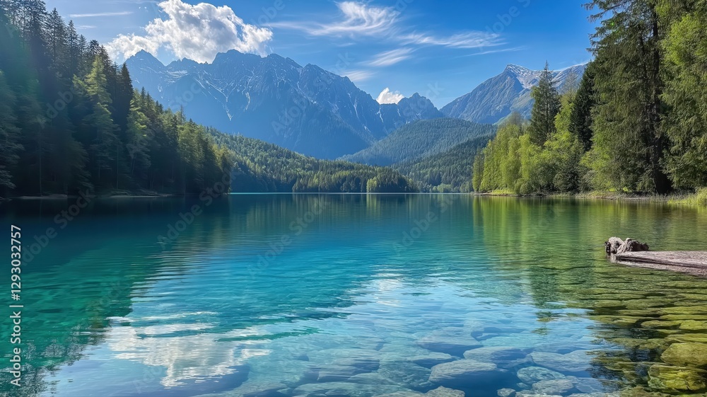 Fototapeta premium mountain lake surrounded by dense forests and towering peaks