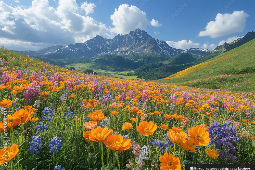Fototapeta premium Alpine Meadow Symphony, A Tapestry of Wildflowers and Majestic Peaks