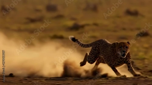 A fierce cheetah dashes through a dusty savanna, kicking up clouds of dirt as it races forward with incredible speed and power.