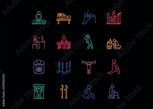 Set of icons for Physiotherapy. Editable stroke. Vector illustration	
