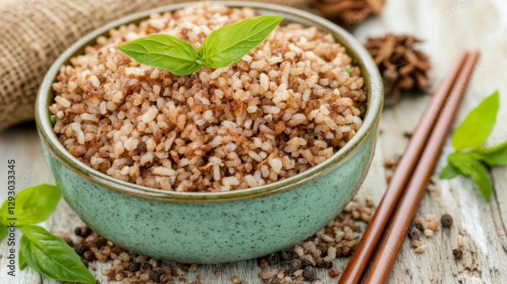A serene dining setting featuring a bowl of hot fried rice with a pair of chopsticks resting on the side, set against a backdrop of fresh herbs and spices. A serene dining setting featuring a bowl of hot fried rice with a pair of chopsticks resting on the side, set against a backdrop of fresh herbs and spices.