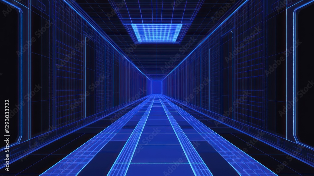 Fototapeta premium Futuristic blue corridor; digital art; background grid; sci-fi concept