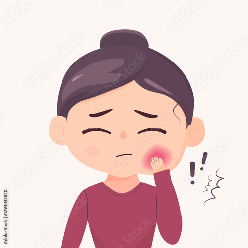 Girl holding cheek with hand palm. Young woman suffering, having painful from toothache, urgent dental treatment. Hand drawn flat cartoon character vector illustration.