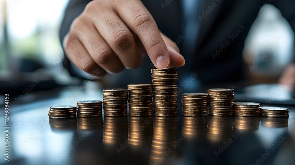 Individual organizing and arranging coins on a table as a visual representation of personal finance management practices