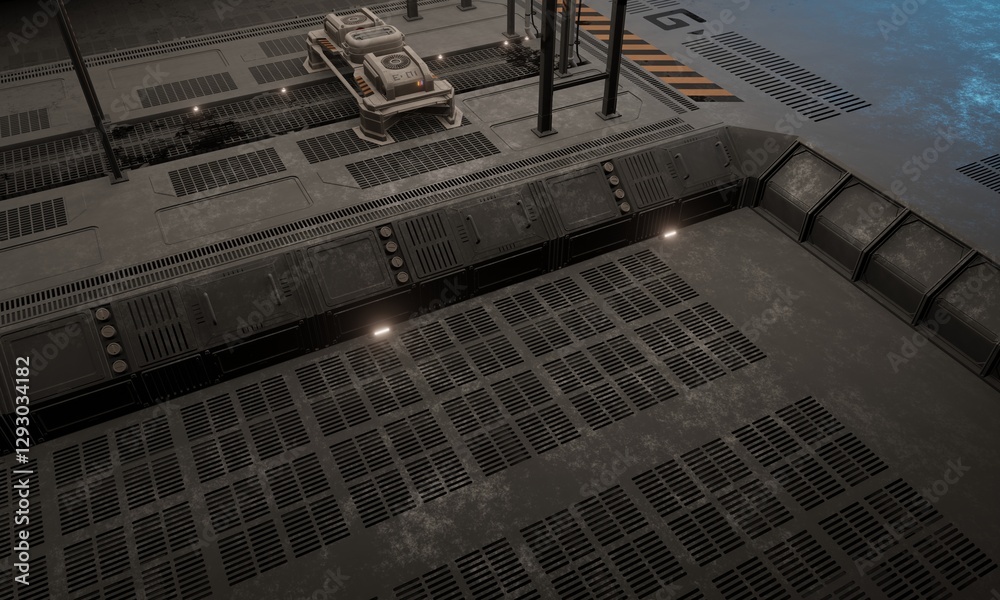 Obraz premium Corridor side walkway in the base of operations modular science fiction in dark scene 3d rendering wallpaper background