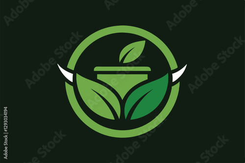 A modern symbol represents compostable packaging, featuring green leaves and a plant icon conveying sustainability, Create a sleek symbol for a compostable packaging company