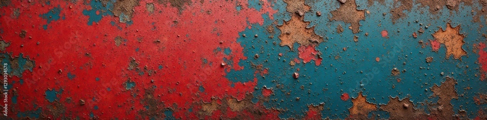 Close-up of heavily textured grunge metal, showing peeling paint and deep scratches, surface, rough, old