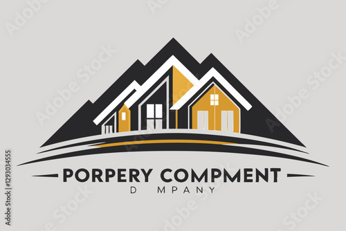 A crafted logo showcases stylish houses nestled against a mountain backdrop with a modern color palette, Craft a simple and sophisticated logo for a prestigious champagne brand