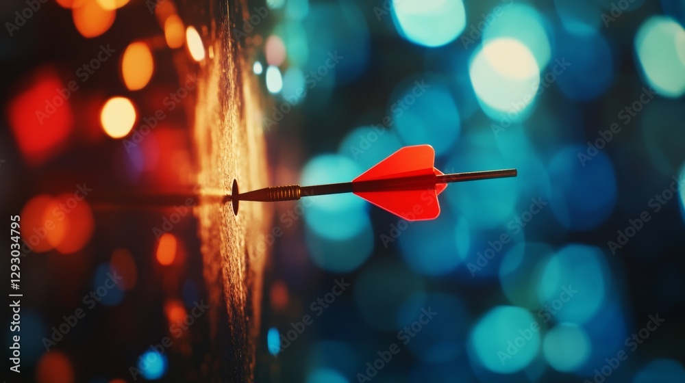 Red dart hitting the center of a dartboard in warm bokeh lights. Focus and precision in a vibrant setting, success and achievement concept Red dart hitting the center of a dartboard in warm bokeh lights. Focus and precision in a vibrant setting, success and achievement concept