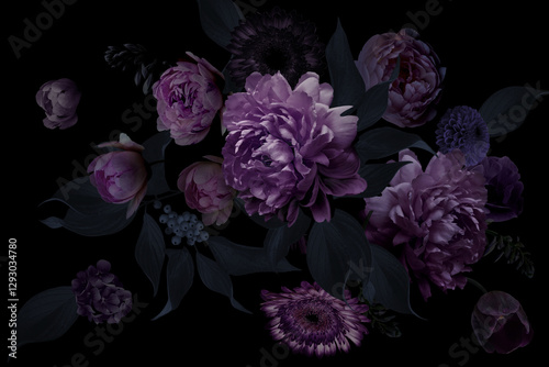Bouquet of luxurious peonies. Plum royale color.