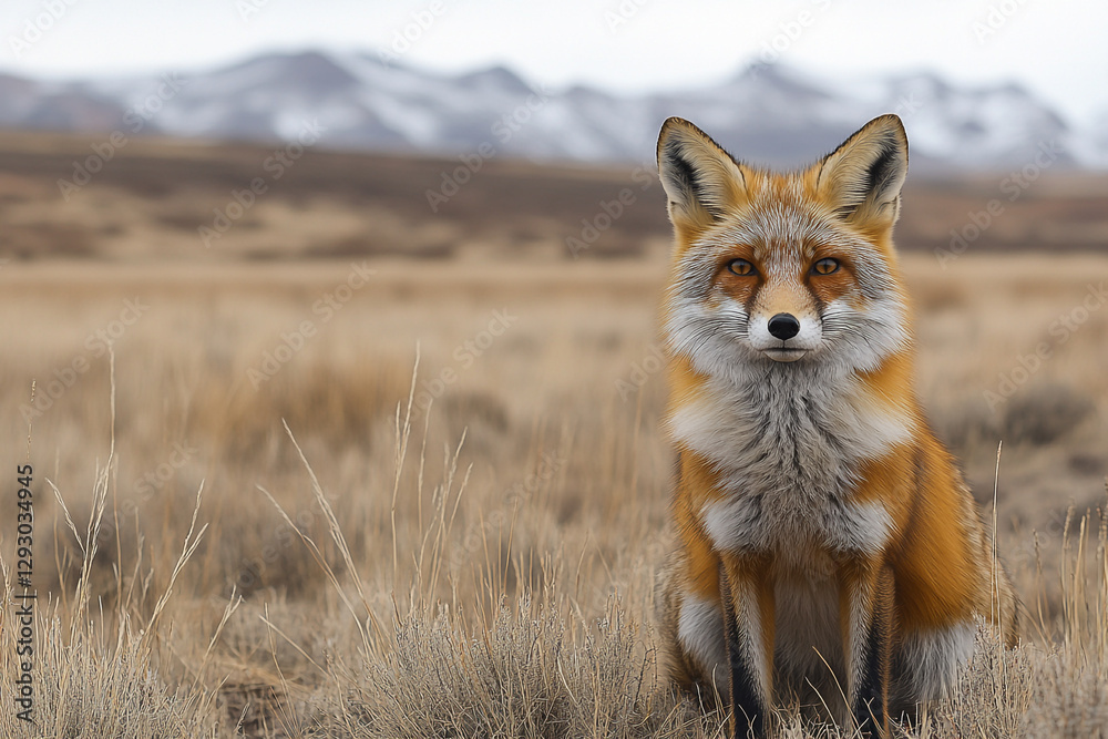 Fototapeta premium Serene Fox Amidst the Whispering Grasslands and Distant Peaks