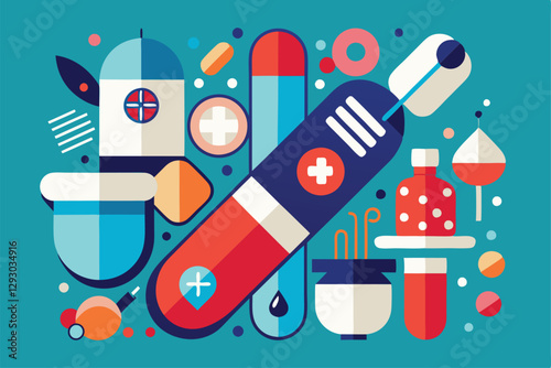 Colorful abstract depiction of pharmaceutical elements like syringes, pills, and potion bottles arranged creatively, Create an artistic representation of pharmaceuticals in a minimalist style
