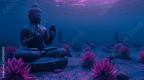 Submerged Buddha Statue in a Purple and Pink Underwater Coral Reef