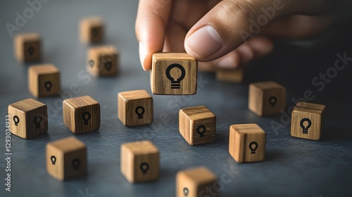 Hand placing a wooden block with a question mark symbolizing inquiry and curiosity in a conceptual setup