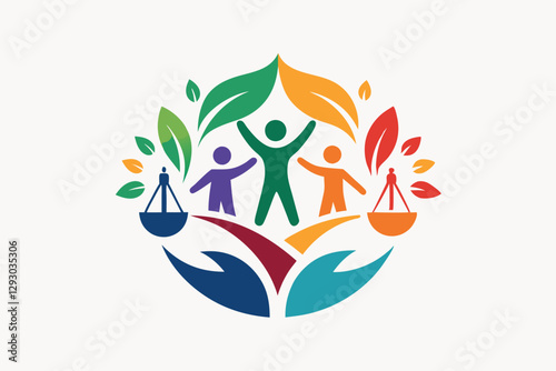 The logo features colorful figures and leaves symbolizing community, balance, and environmental awareness, Design a clean and minimalist logo for an NGO promoting social justice