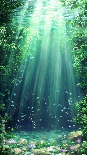 Submerged Sunlight In Lush Green Underwater Forest