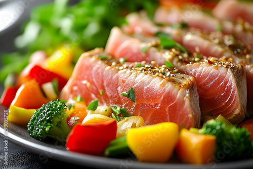 Delicious seared tuna steak salad with fresh vegetables for healthy lunch