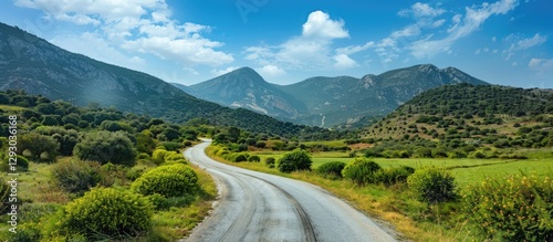 Winding rural road through lush green fields under a bright blue sky with scattered clouds and distant mountains in the background. photo