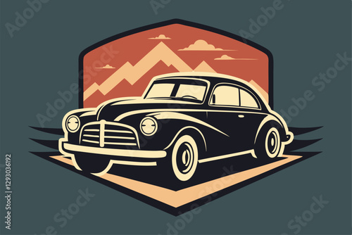 A striking logo showcases a vintage car against a mountainous landscape and sunset hues, Design a logo that captures the nostalgia and timeless elegance of vintage automobiles