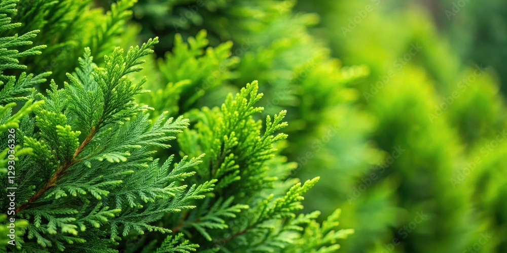 Dense green foliage with intricate branch patterns and small needle-like leaves of a dense thujan hedge, set against a soft natural background, branch structure, garden Dense green foliage with intricate branch patterns and small needle-like leaves of a dense thujan hedge, set against a soft natural background, branch structure, garden