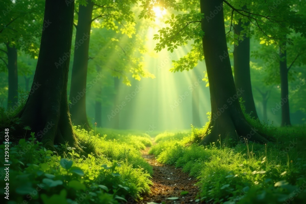 Obraz premium Emerald canopy awash in early morning light, dew-kissed leaves gleam , morning, photography