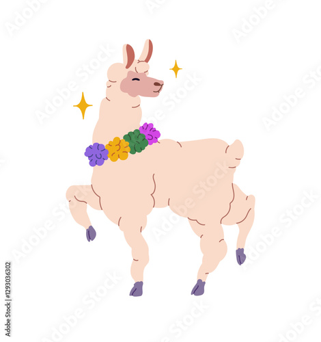 Happy graceful llama with Mexican necklace posing. Funny lama with glowing stars standing, smiling. Cute fluffy animal of Peru, alpaca character. Flat isolated vector illustration on white background