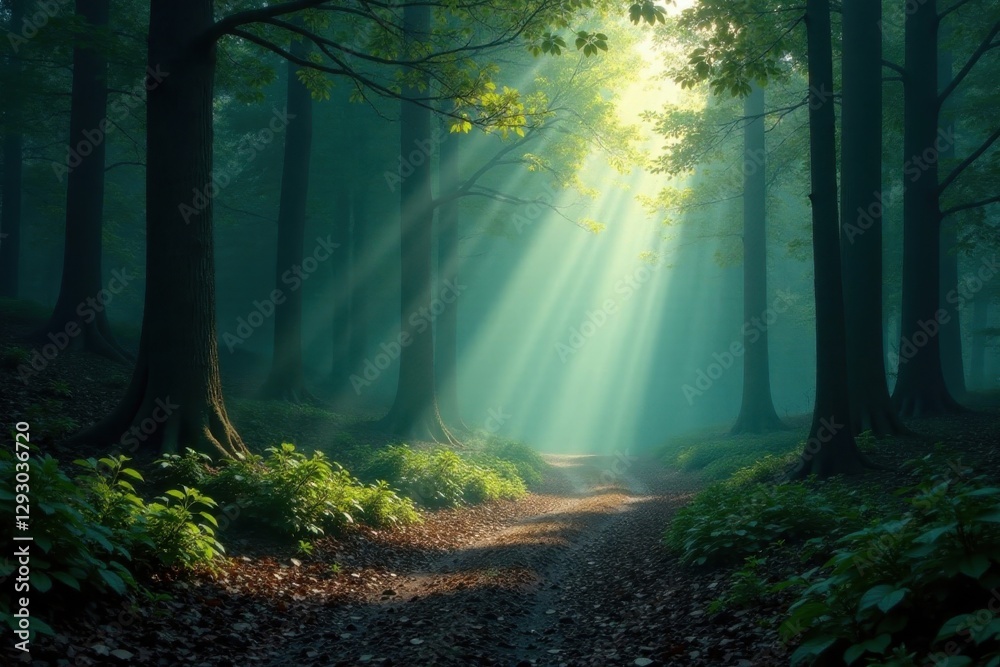 Obraz premium Empty blacktop ribbon unwinds into misty, shadowy forest depths , way, ominous, silence