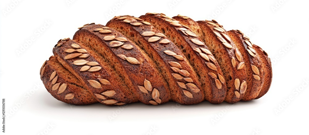 Freshly baked multigrain bread loaf with golden crust, adorned with seeds, positioned centrally on a white background for a clean aesthetic. Freshly baked multigrain bread loaf with golden crust, adorned with seeds, positioned centrally on a white background for a clean aesthetic.
