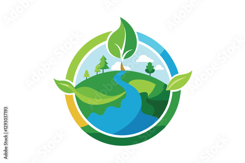 A logo featuring a river flowing through green hills, symbolizing ecological harmony and sustainability, Design a logo that symbolizes the importance of environmental conservation
