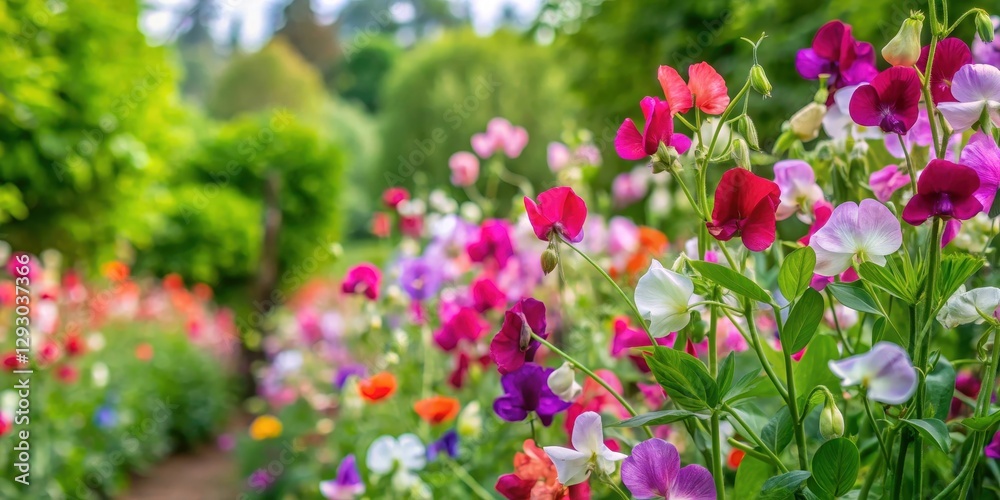 Lush green foliage and vibrant sweet pea blossoms fill a picturesque garden Lush green foliage and vibrant sweet pea blossoms fill a picturesque garden