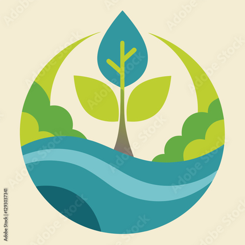 The logo features a tree and water elements, symbolizing harmony with nature and environmental care, Design a logo that symbolizes the importance of environmental conservation