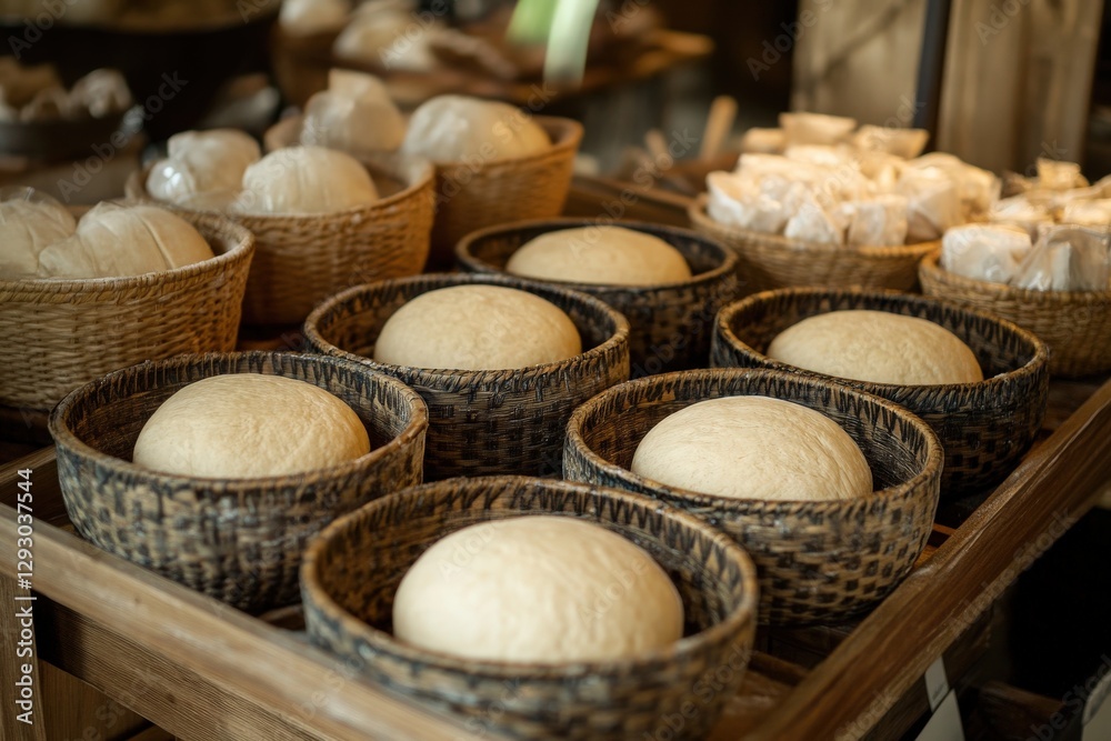 Elevated view on dough put to rest in a bakery. Proofing in wicker bowls on a rack in a small bakery Elevated view on dough put to rest in a bakery. Proofing in wicker bowls on a rack in a small bakery